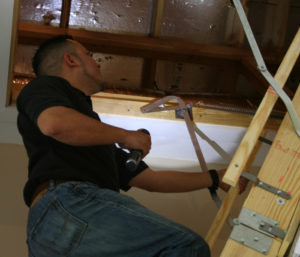 Worker climbing an attic ladder.