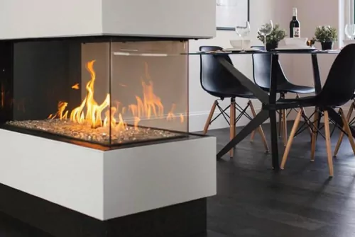 Modern Gas Fireplace and dining room table