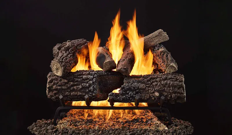 Timber Oak 1 gas log set with traditional oak-style logs and glowing embers.